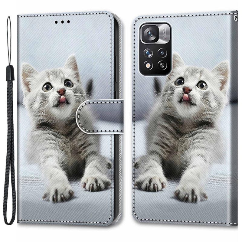 Leren Hoesje voor Xiaomi Redmi Note 11 Pro Plus 5G Met Ketting Grijze Kitten Met Riem