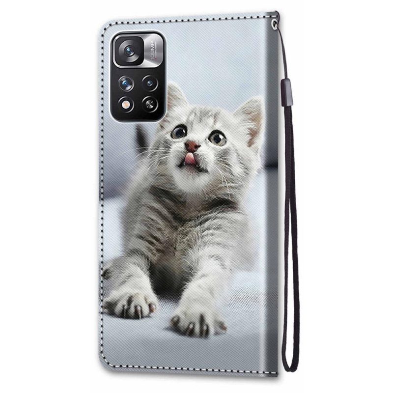 Leren Hoesje voor Xiaomi Redmi Note 11 Pro Plus 5G Met Ketting Grijze Kitten Met Riem