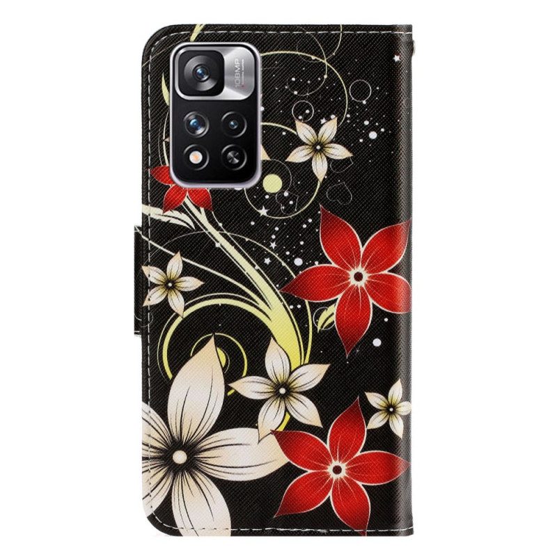 Leren Hoesje voor Xiaomi Redmi Note 11 Pro Plus 5G Met Ketting Kleurrijke Strappy Bloemen