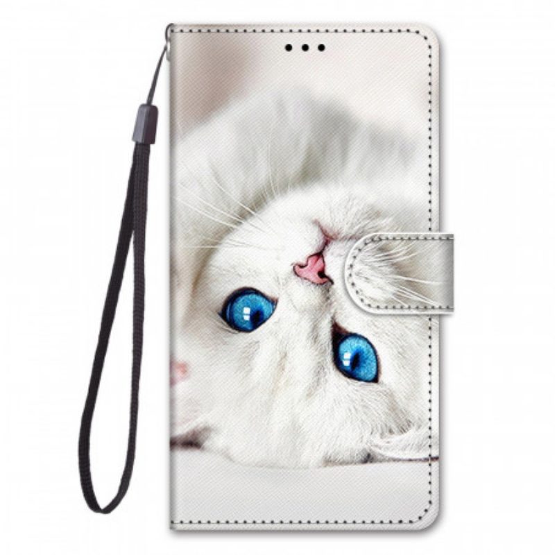 Leren Hoesje voor Xiaomi Redmi Note 11 Pro Plus 5G Met Ketting Witte Kat Met Riem