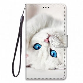 Leren Hoesje voor Xiaomi Redmi Note 11 Pro Plus 5G Met Ketting Witte Kat Met Riem