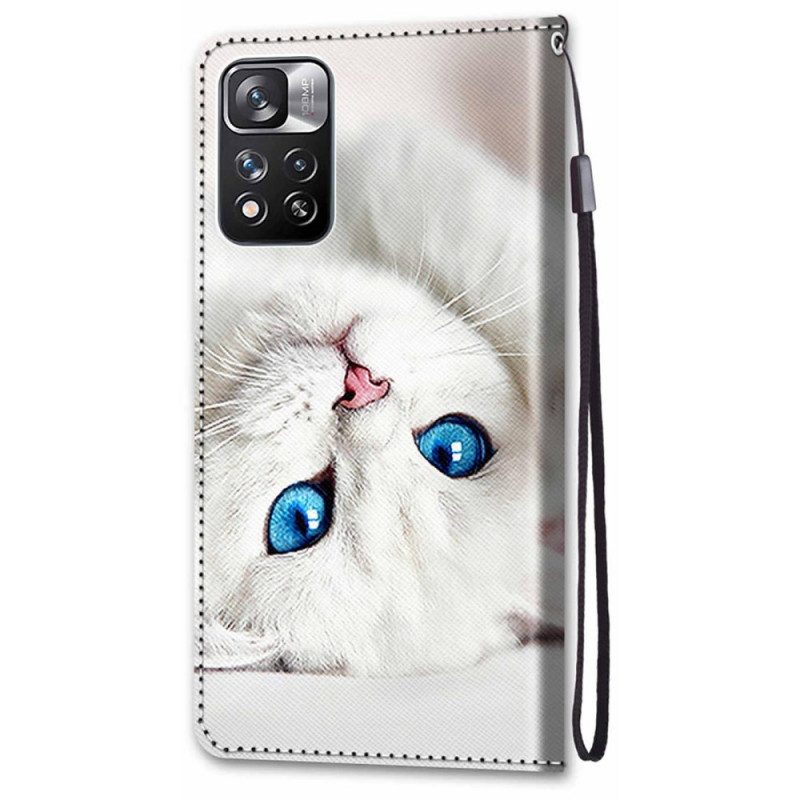 Leren Hoesje voor Xiaomi Redmi Note 11 Pro Plus 5G Met Ketting Witte Kat Met Riem