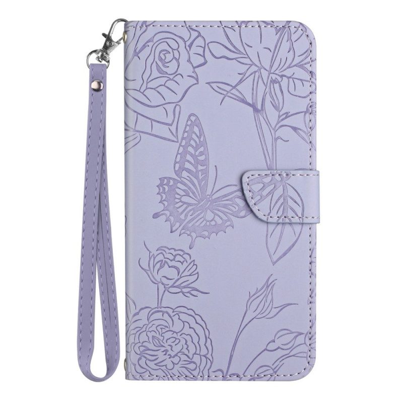 Leren Hoesje voor Poco F4 Met Ketting Riem Vlinders Patroon