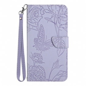 Leren Hoesje voor Poco F4 Met Ketting Riem Vlinders Patroon