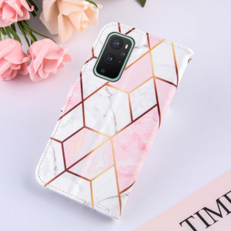 Leren Hoesje voor OnePlus 9 Pro Met Ketting Gestreept Geometrisch Marmer