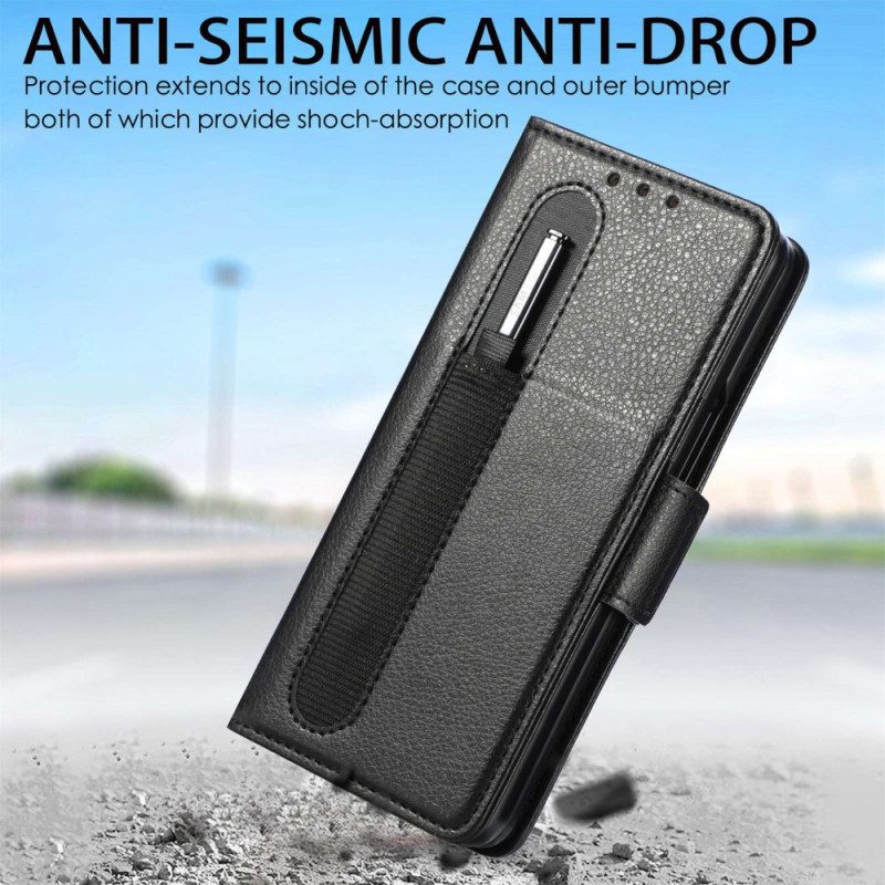 Flip Case voor Samsung Galaxy Z Fold 4 Caseneo Litchi-penhouder Van Imitatieleer