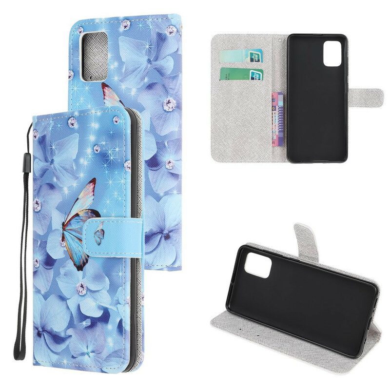 Folio-hoesje voor Samsung Galaxy A41 Met Ketting Strappy Diamanten Vlinders