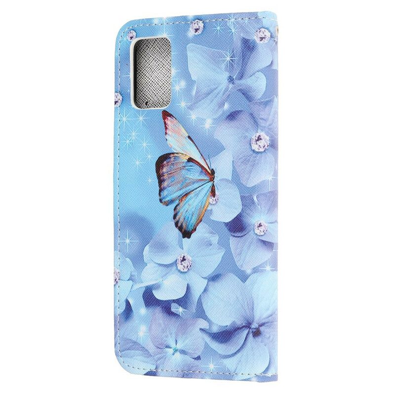 Folio-hoesje voor Samsung Galaxy A41 Met Ketting Strappy Diamanten Vlinders