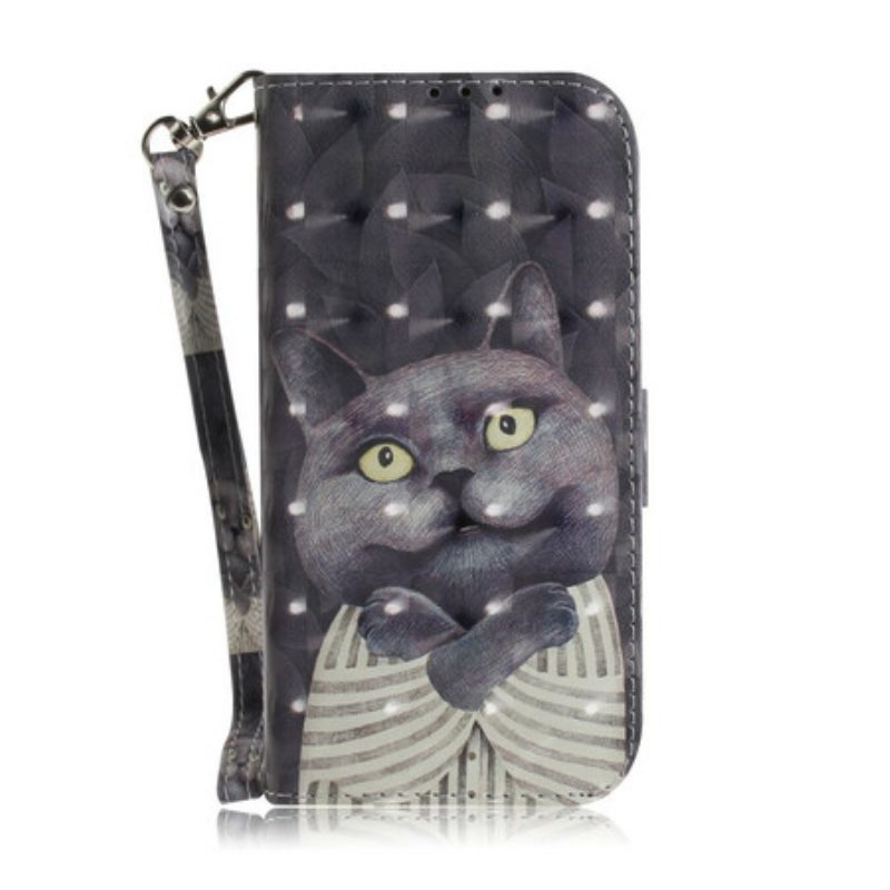 Leren Hoesje voor Samsung Galaxy A41 Met Ketting Grijze Kat Met Riem