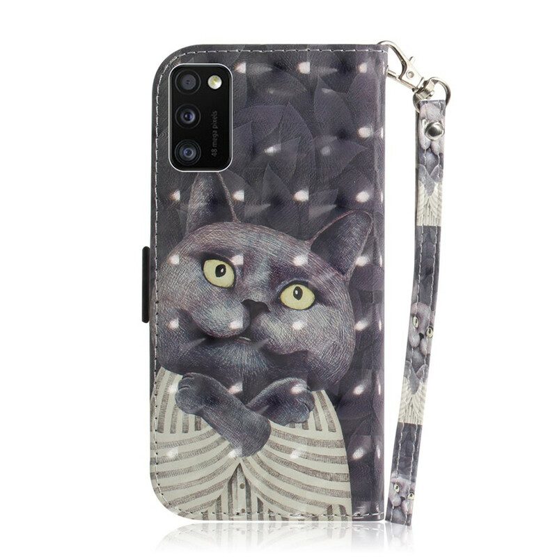 Leren Hoesje voor Samsung Galaxy A41 Met Ketting Grijze Kat Met Riem