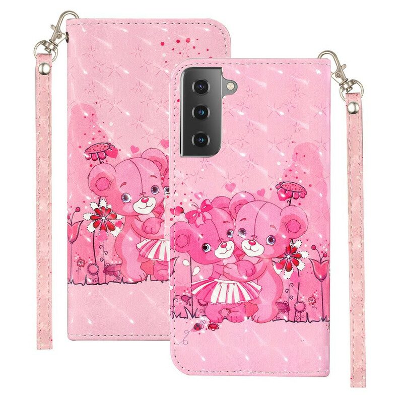 Flip Case voor Samsung Galaxy S21 5G Met Ketting Light Spot Teddyberen Met Riem