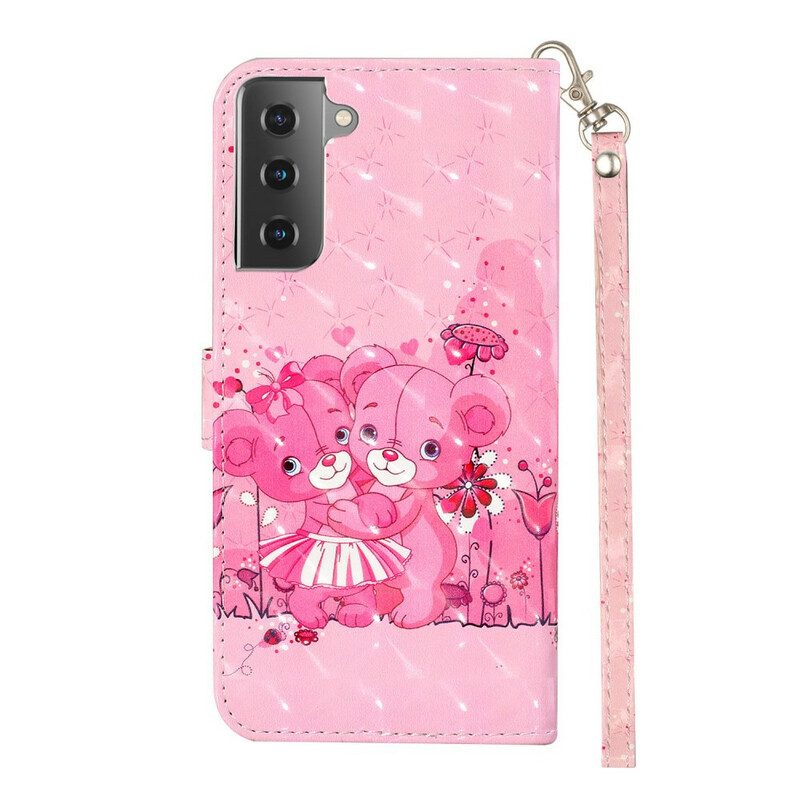 Flip Case voor Samsung Galaxy S21 5G Met Ketting Light Spot Teddyberen Met Riem