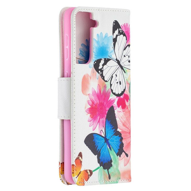 Folio-hoesje voor Samsung Galaxy S21 5G Geschilderde Vlinders En Bloemen