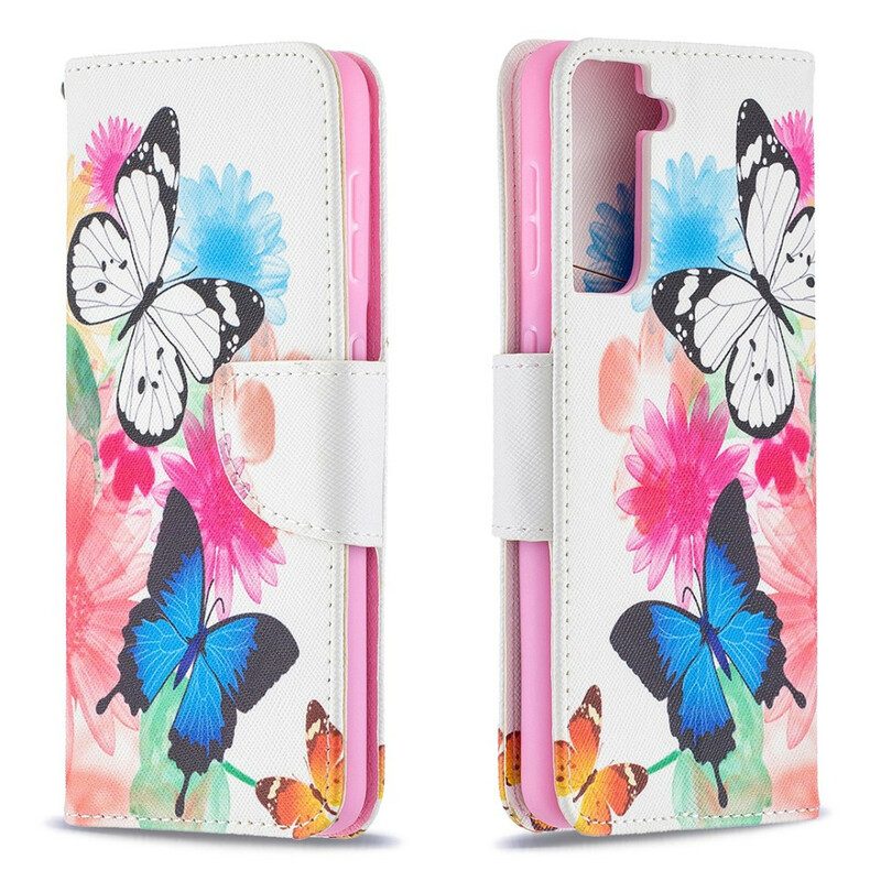 Folio-hoesje voor Samsung Galaxy S21 5G Geschilderde Vlinders En Bloemen