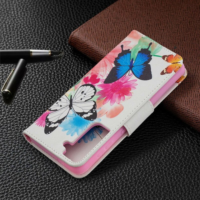 Folio-hoesje voor Samsung Galaxy S21 5G Geschilderde Vlinders En Bloemen