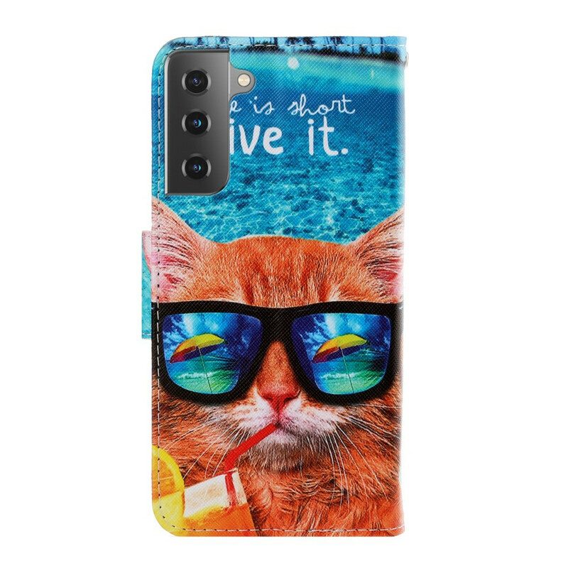 Folio-hoesje voor Samsung Galaxy S21 5G Met Ketting Kat Live It Strappy