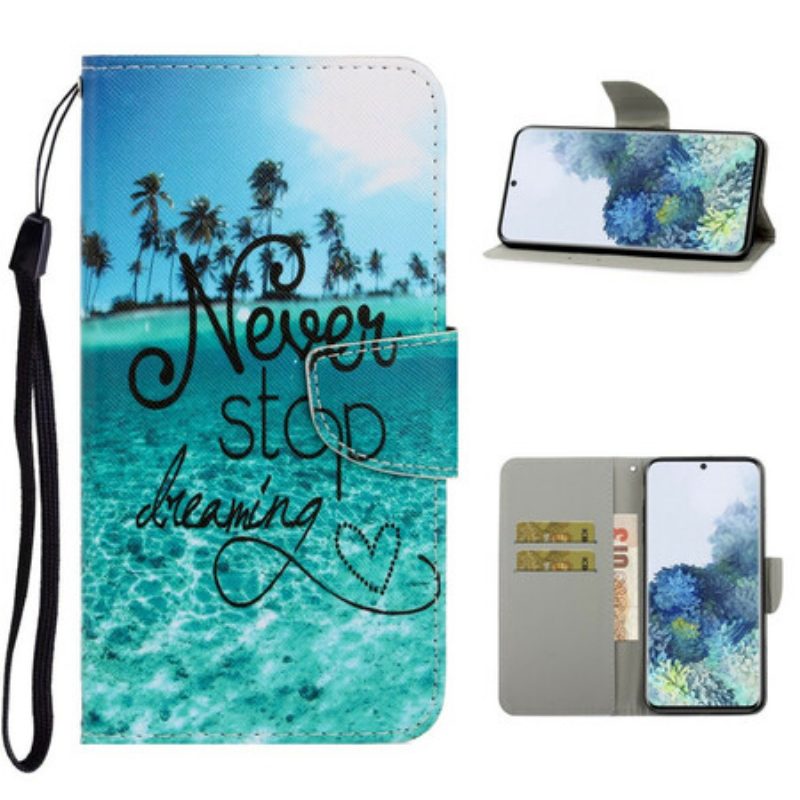 Folio-hoesje voor Samsung Galaxy S21 5G Met Ketting Stop Nooit Met Dromen In Marineblauwe Bandjes