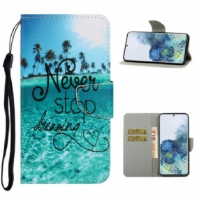 Folio-hoesje voor Samsung Galaxy S21 5G Met Ketting Stop Nooit Met Dromen In Marineblauwe Bandjes