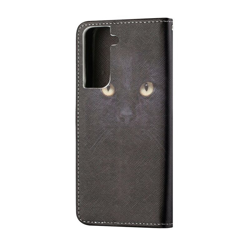 Folio-hoesje voor Samsung Galaxy S21 5G Met Ketting Strappy Zwarte Kattenogen