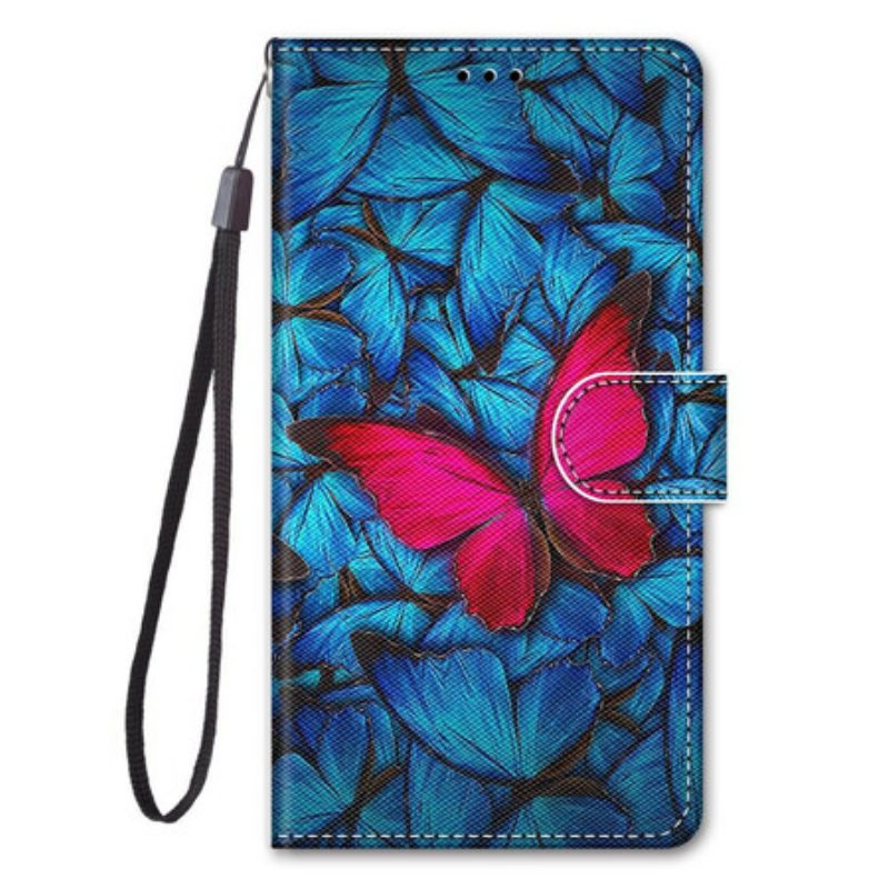 Folio-hoesje voor Samsung Galaxy S21 5G Rode Vlinder Blauwe Achtergrond