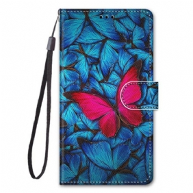 Folio-hoesje voor Samsung Galaxy S21 5G Rode Vlinder Blauwe Achtergrond