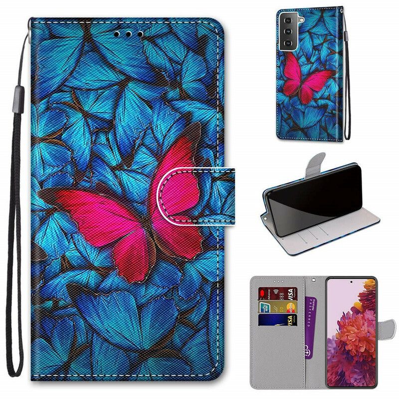 Folio-hoesje voor Samsung Galaxy S21 5G Rode Vlinder Blauwe Achtergrond