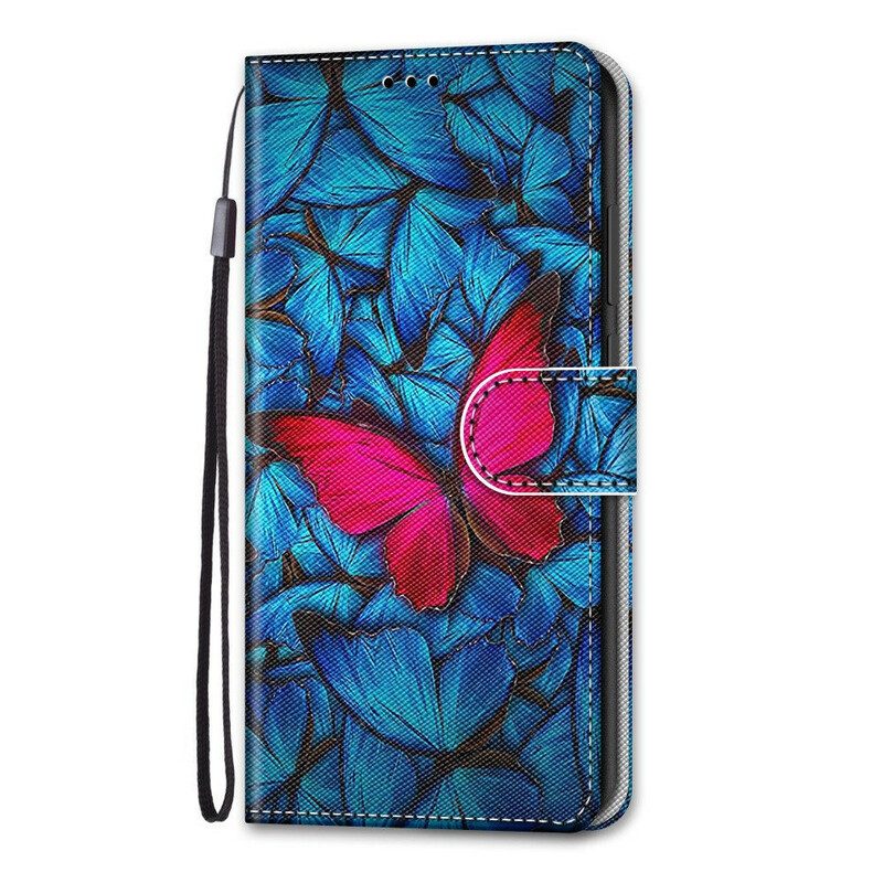 Folio-hoesje voor Samsung Galaxy S21 5G Rode Vlinder Blauwe Achtergrond