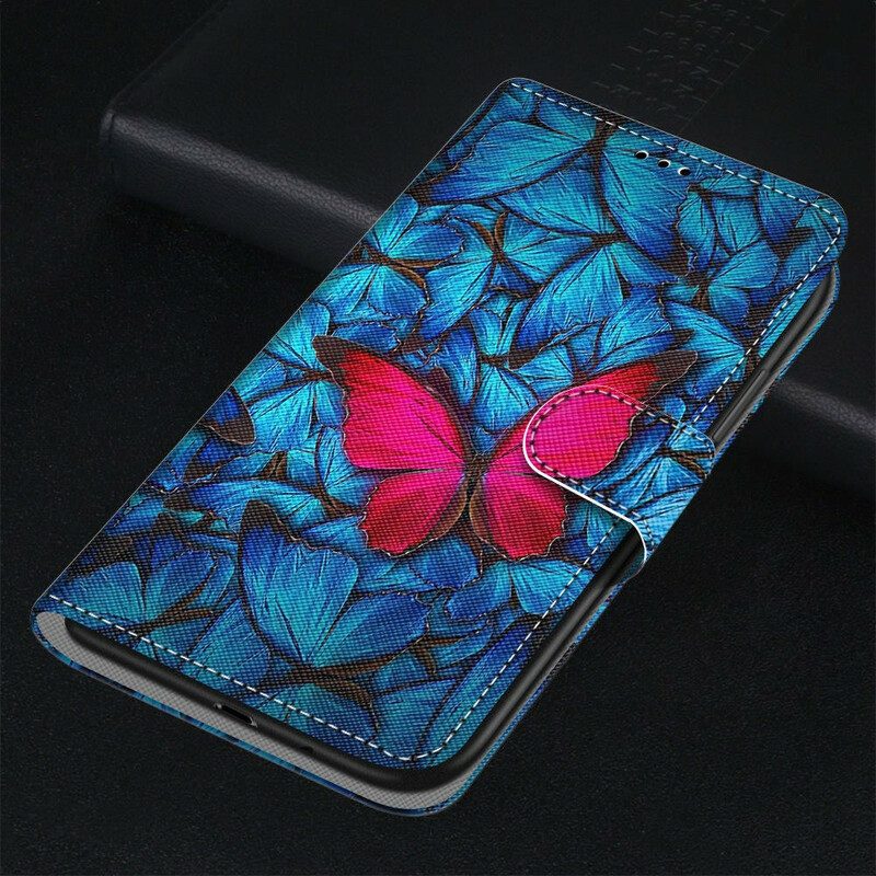 Folio-hoesje voor Samsung Galaxy S21 5G Rode Vlinder Blauwe Achtergrond