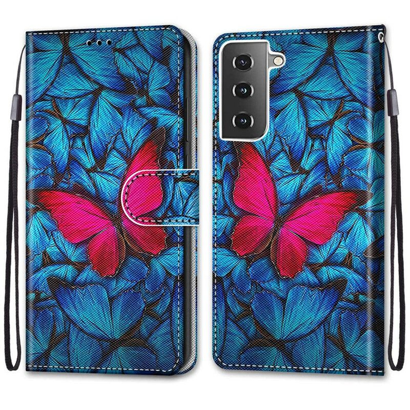 Folio-hoesje voor Samsung Galaxy S21 5G Rode Vlinder Blauwe Achtergrond