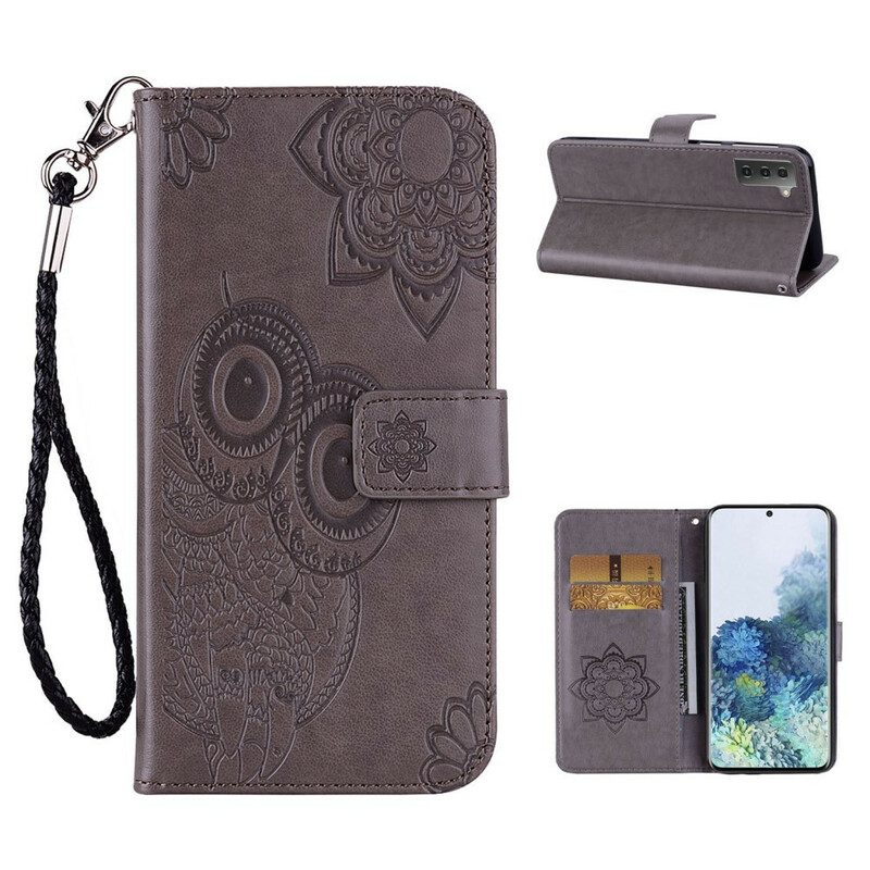 Folio-hoesje voor Samsung Galaxy S21 5G Uil Mandala En Lanyard