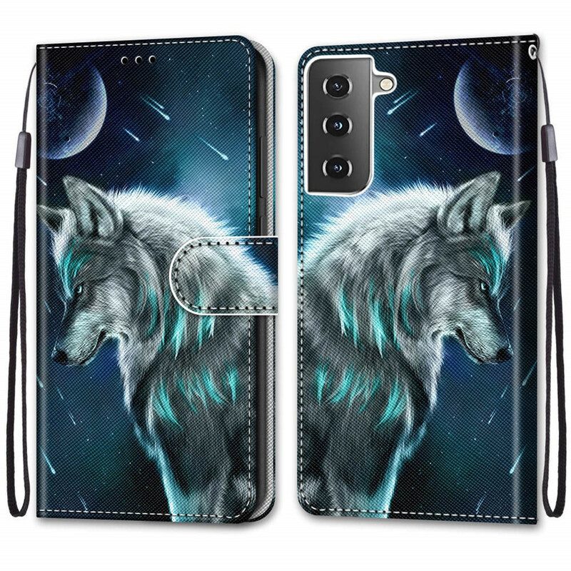 Folio-hoesje voor Samsung Galaxy S21 5G Wolf Onder Een Regen Van Sterren