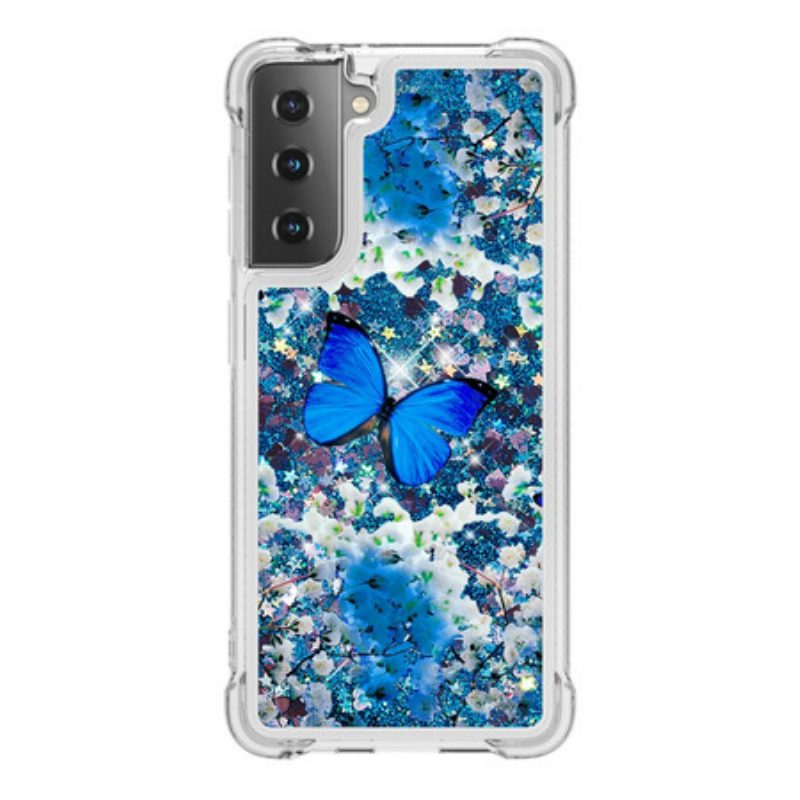 Hoesje voor Samsung Galaxy S21 5G Glitter Blauwe Vlinders