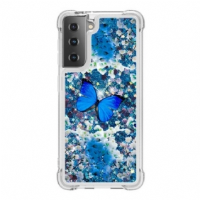 Hoesje voor Samsung Galaxy S21 5G Glitter Blauwe Vlinders