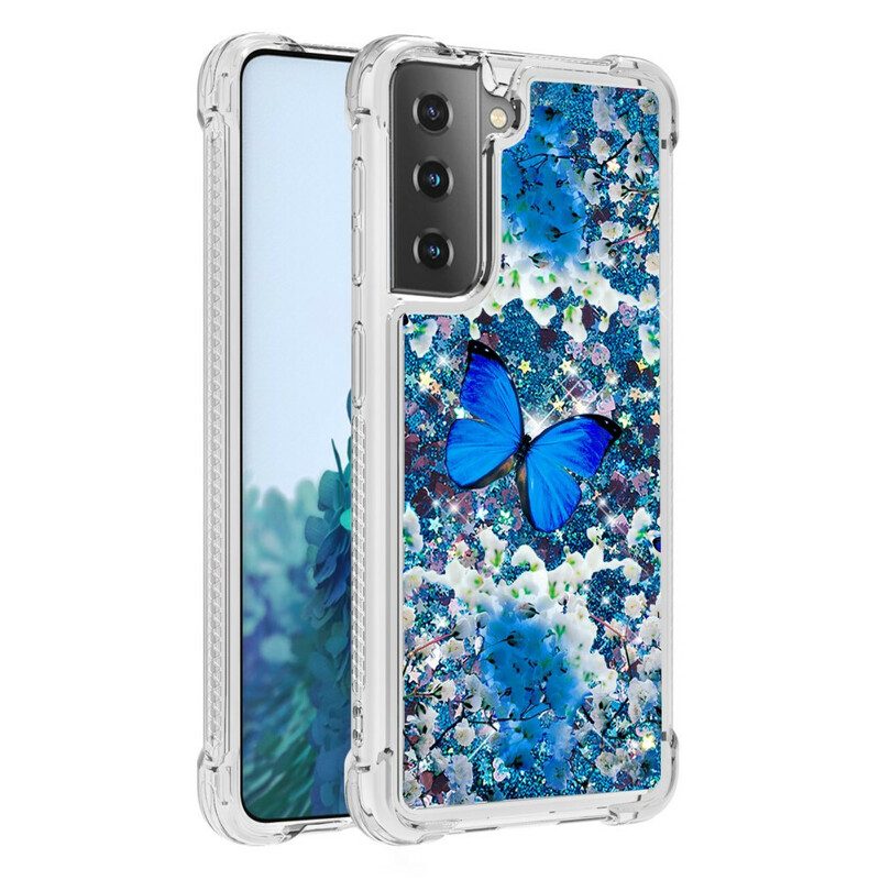 Hoesje voor Samsung Galaxy S21 5G Glitter Blauwe Vlinders