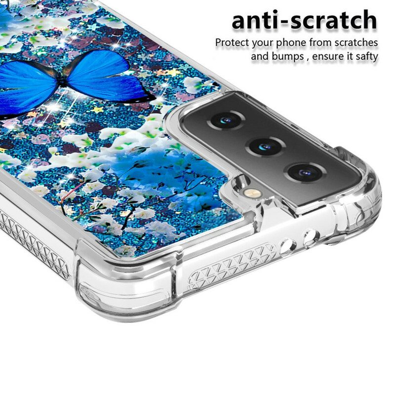 Hoesje voor Samsung Galaxy S21 5G Glitter Blauwe Vlinders