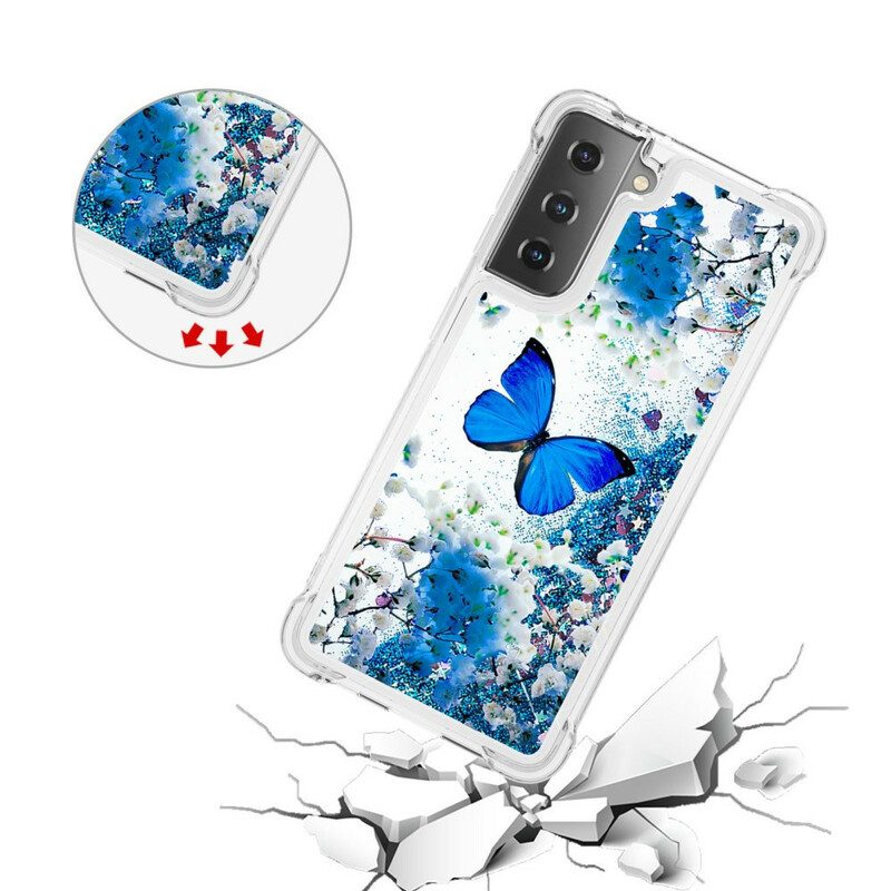 Hoesje voor Samsung Galaxy S21 5G Glitter Blauwe Vlinders