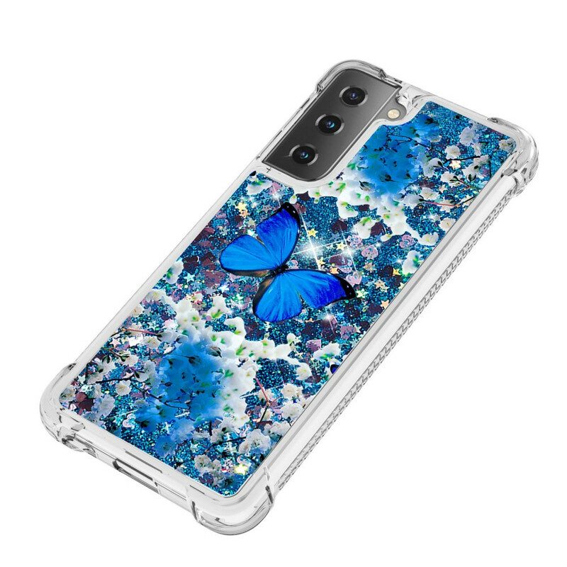 Hoesje voor Samsung Galaxy S21 5G Glitter Blauwe Vlinders