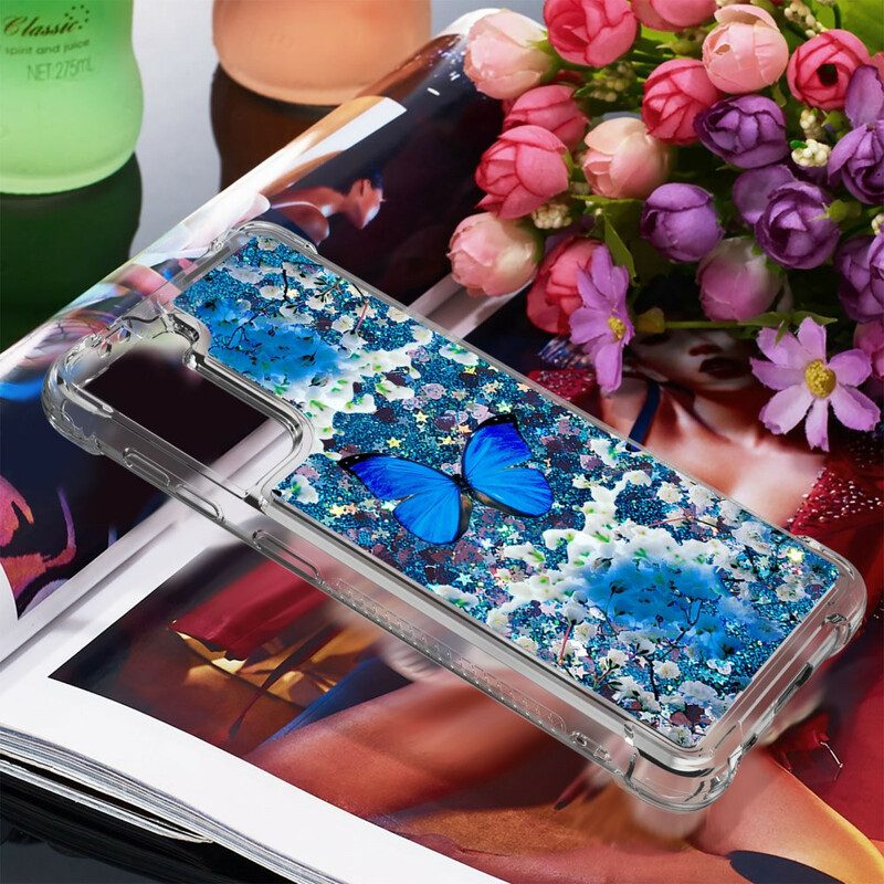 Hoesje voor Samsung Galaxy S21 5G Glitter Blauwe Vlinders