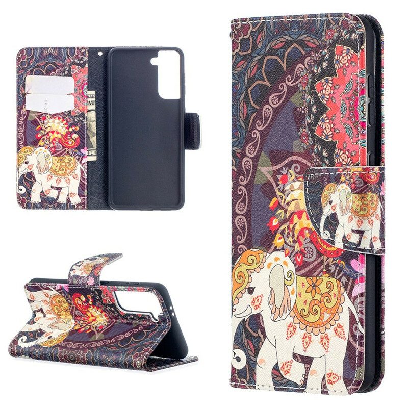 Leren Hoesje voor Samsung Galaxy S21 5G Etnische Olifanten Mandala