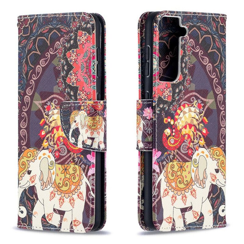 Leren Hoesje voor Samsung Galaxy S21 5G Etnische Olifanten Mandala