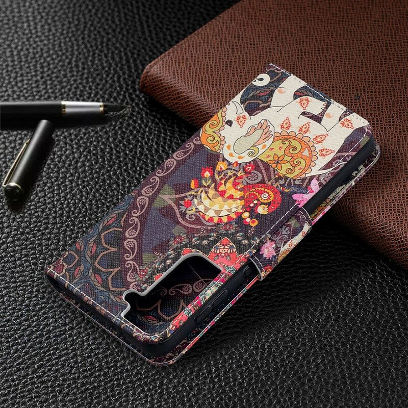 Leren Hoesje voor Samsung Galaxy S21 5G Etnische Olifanten Mandala