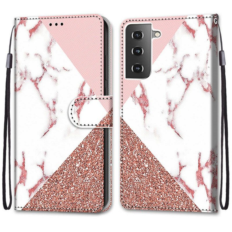 Leren Hoesje voor Samsung Galaxy S21 5G Marmer En Glitterdriehoek