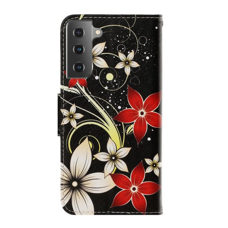 Leren Hoesje voor Samsung Galaxy S21 5G Met Ketting Kleurrijke Strappy Bloemen