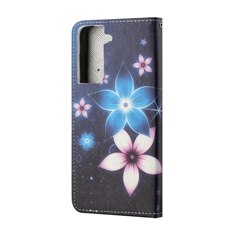 Leren Hoesje voor Samsung Galaxy S21 5G Met Ketting Maanband Bloemen