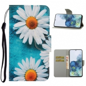 Leren Hoesje voor Samsung Galaxy S21 5G Met Ketting String Madeliefjes