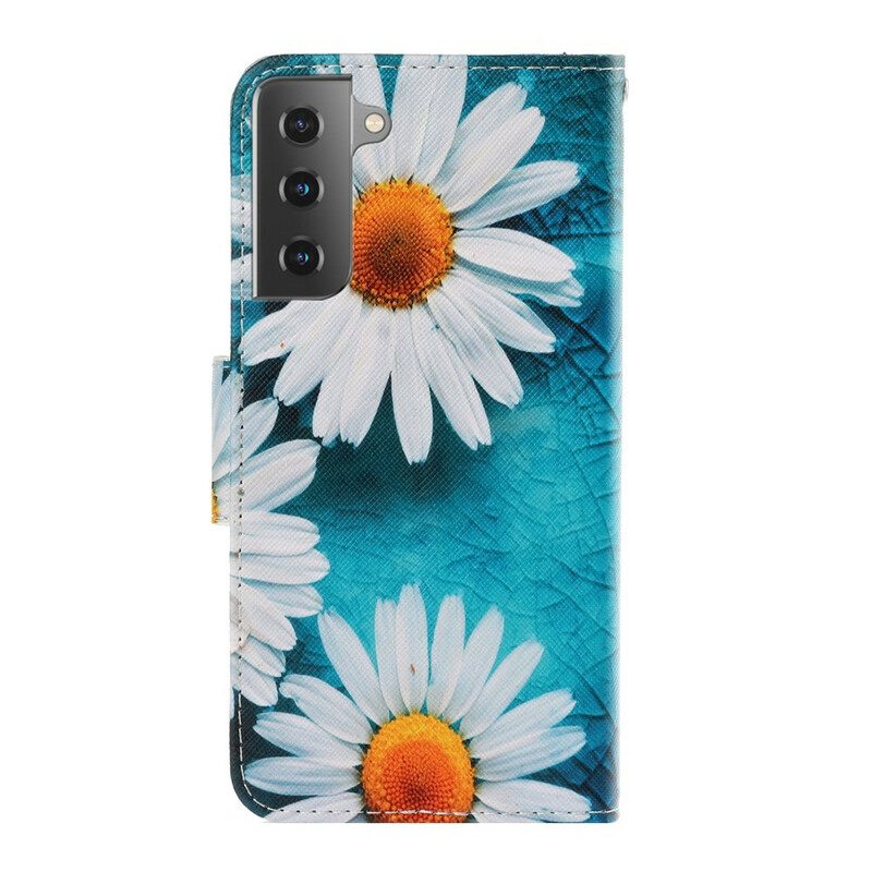 Leren Hoesje voor Samsung Galaxy S21 5G Met Ketting String Madeliefjes