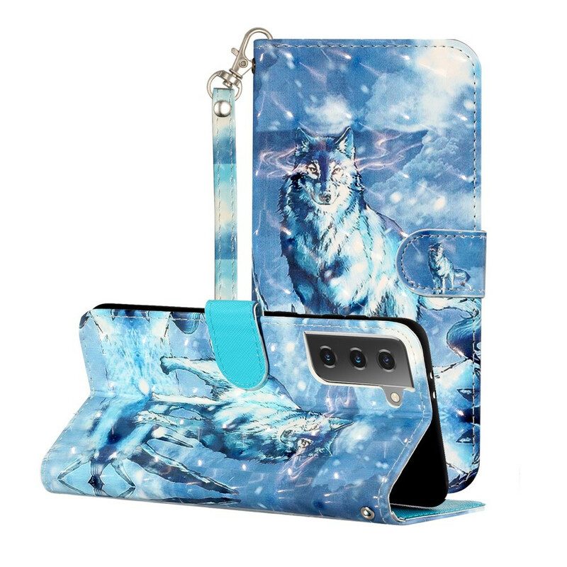 Leren Hoesje voor Samsung Galaxy S21 5G Met Ketting Wolf Light Schijnwerpers Met Riem