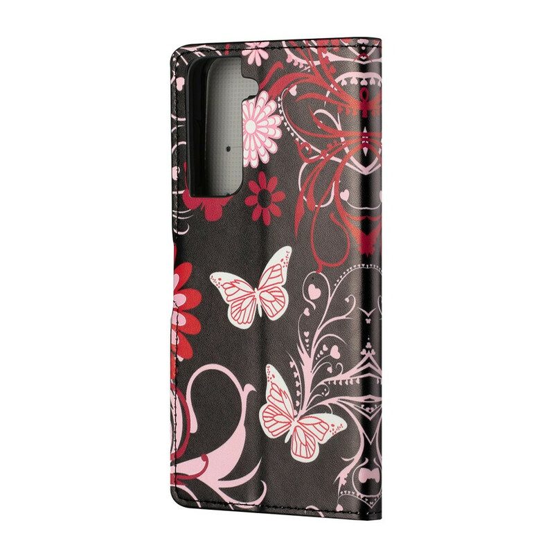 Leren Hoesje voor Samsung Galaxy S21 5G Vlinders En Bloemen