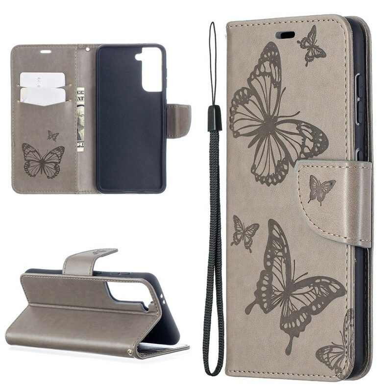 Leren Hoesje voor Samsung Galaxy S21 5G Vlinders Tijdens De Vlucht Met Lanyard