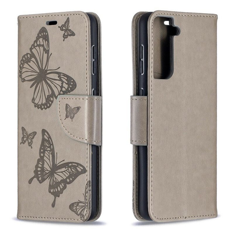 Leren Hoesje voor Samsung Galaxy S21 5G Vlinders Tijdens De Vlucht Met Lanyard